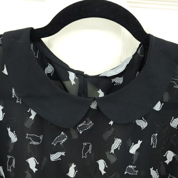 Marks & Spencer Sheer Cat-Print Peter Pan Collar Blouse Black US 8 Halloween - Picture 5 of 16